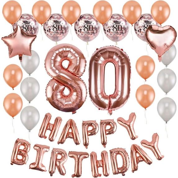 Howaf Rose Gold 80th Birthday Decorations for Women Birthday Party Supplies 59 Pack with Happy Birthday Banner Hanging Swirl Confetti Latex Balloons Star Heart Foil Balloons