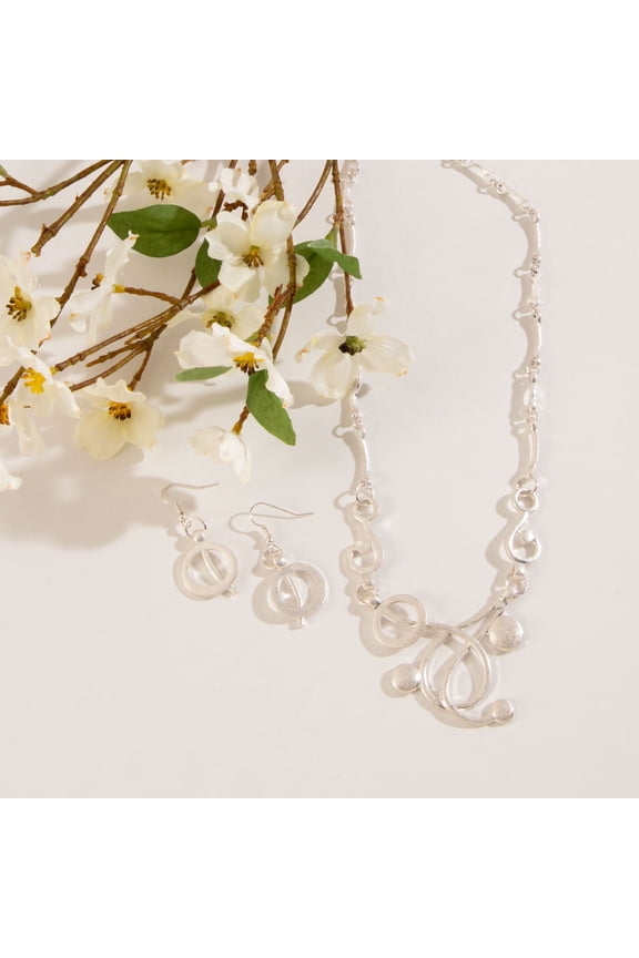 Burnished Silver Geometric 18" Necklace and Earring Set for Women