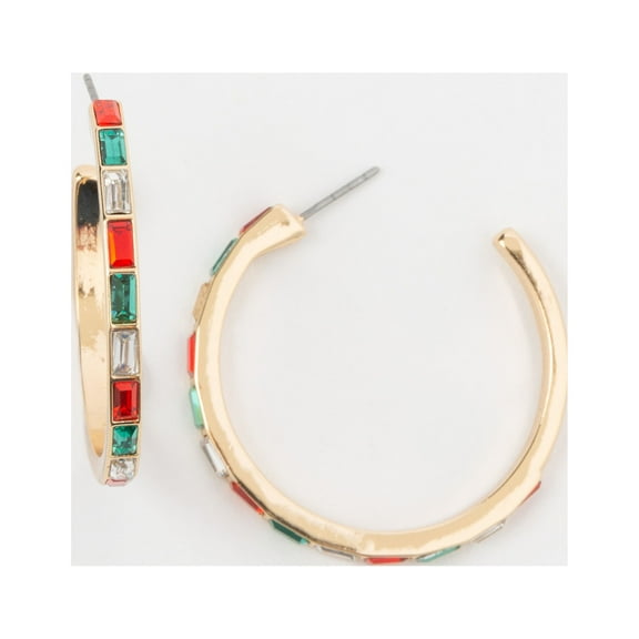 Howard's Holiday C-Hoop Christmas Gold Baguette Rhinestone Hoop Earrings for Women