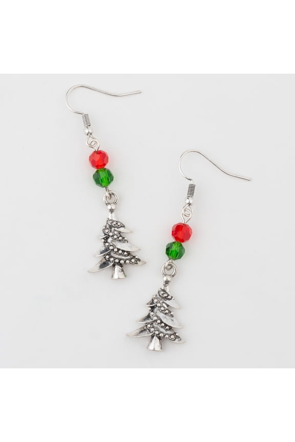 Holiday Silver Beaded Christmas Tree Drop Earrings for Women