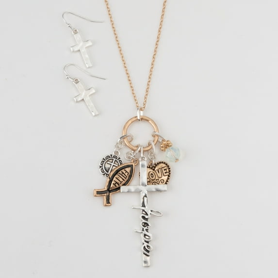 Howard's Inspirational Gold Julia Hope Cross Charm 24" Necklace and Earring Set for Women