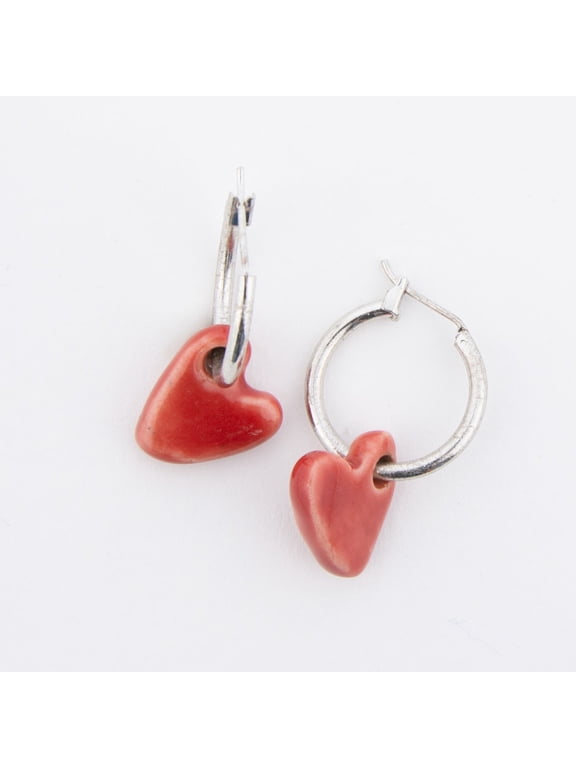 Kieryn Red Dahlia Ceramic Heart Charm Hoop Earring for Women