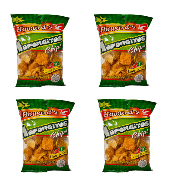 Howard's Mofongitos Chips-Pork Skins, Plantain Chips, Potato Chips- Lime & Chili Flavor 3.5 Ounce (Pack of 4)