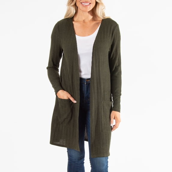 Howard's S/M Olive Long Sleeve Ribbed Jersey Duster Cardigan with Patch Pockets for Women