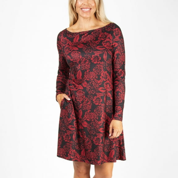Howard's S/M Ruby Floral Print Long Sleeve Brushed Jersey Scoop Neck Knee Length Dress with Side Pockets for Women