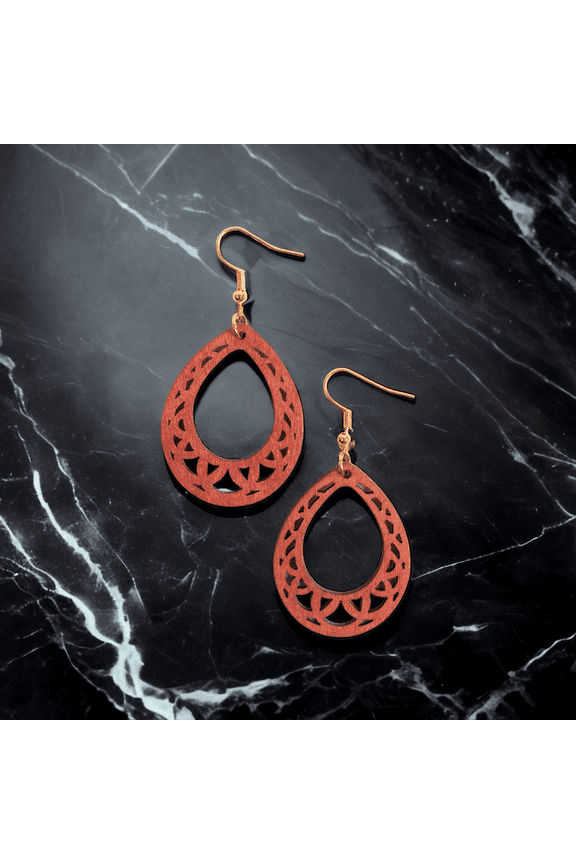 Samira Lightweight Burgundy Geo Oval Wood Drop Earrings for Women