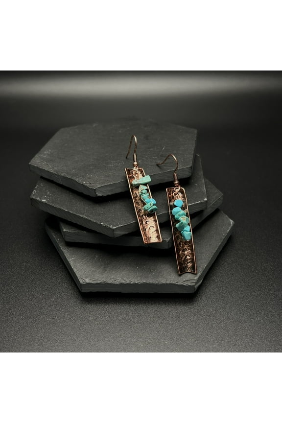 Western Genuine Turquoise and Copper Bar Dangle Earrings for Women