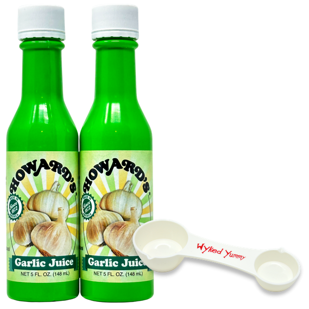 Howards Garlic Juice 5oz Bottles (Pack of 2) with (1) Wyked Yummy All in One Measuring Spoon