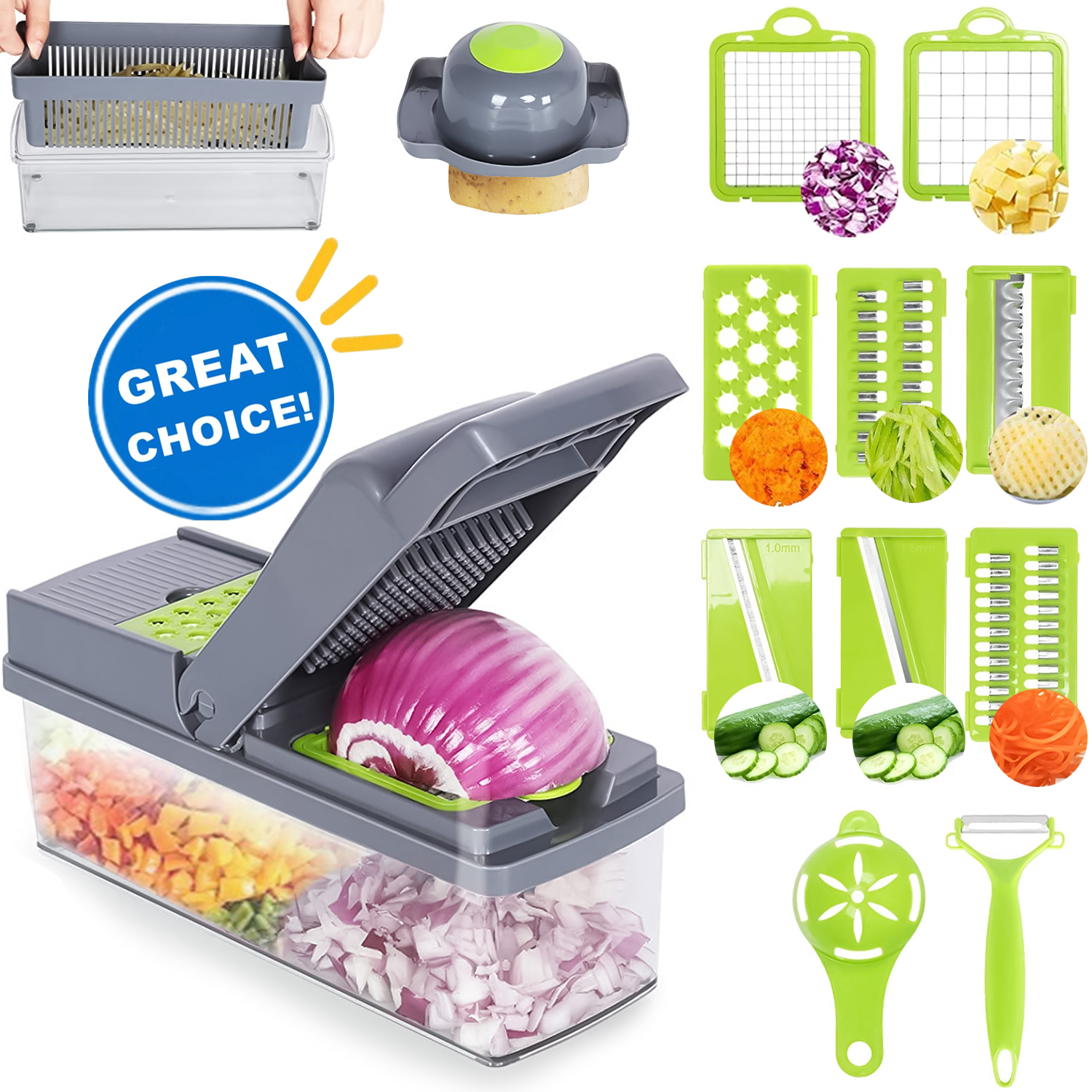 Howarmer 14 in Multifunctional Vegetable Onion Chopper Dicer Slicer, Kitchen  Mandoline Food Chopper Cutter Slicer with Blades, Carrot and Garlic  Chopper with Container