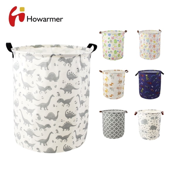 Howarmer Collapsible Laundry Baskets, Nursery Laundry Basket, Canvas Fabric Blanket Basket Waterproof with Leather Handle, Baby Laundry Basket, Baby Dirty Clothes Basket Dorm (19.7", Gray Dinosaur)