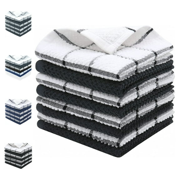 Howarmer Cotton Terry Black Kitchen Towels, 8 Pack Reusable and Absorbent Dish Cloths for Washing Dishes, 12" x 12"