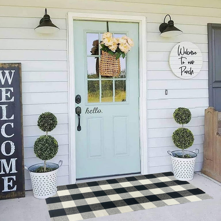 Black and White Striped Outdoor Rug Front Porch Rug 27.5x43 Cotton  Hand-Woven Welcome Mats Layered Door Mats for Front Porch/Entryway/Laundry