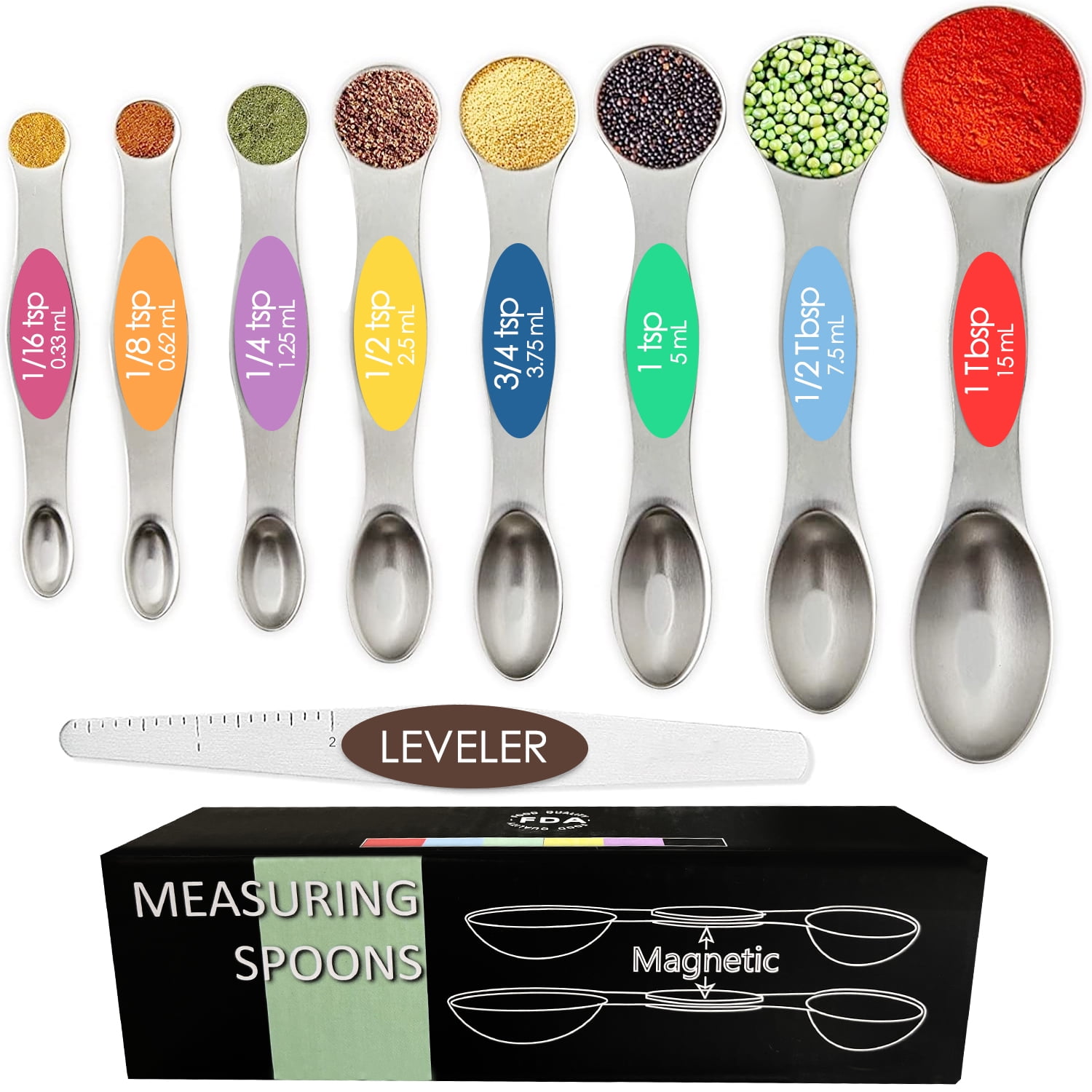 8pc Magnetic Measuring Spoon Set Dual Sided Dry & Liquid Narrow Stackable  Metal