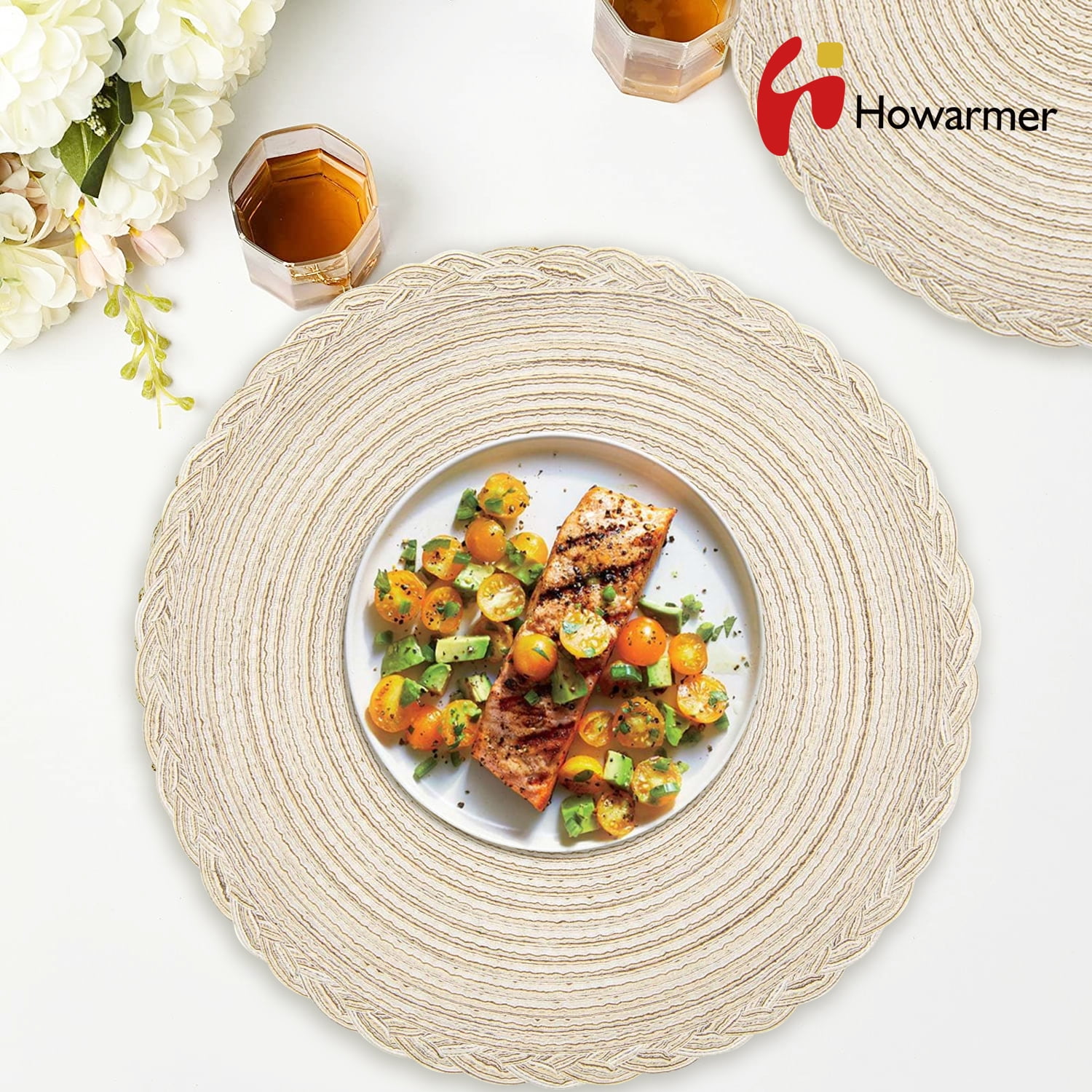 Howarmer OffWhite Woven Placemats, 15 Inch Round Table Mats, Set Of 6