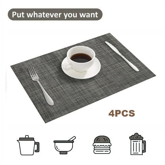 Howarmer Placemats Set of 4, Heat Resistant Non-Slip Place Mats for Dining Table, Washable Durable PVC Vinyl Woven Table Mats（Black, 4）