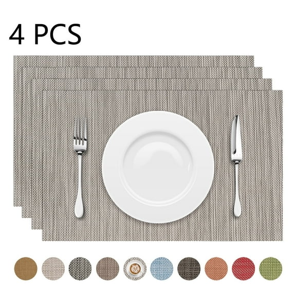 Astarin Placemats, Woven Crossweave Placemat for Dining Table, PVC Vinyl Kitchen Mat, Set of 4, 12x18 Inches, Light Grey