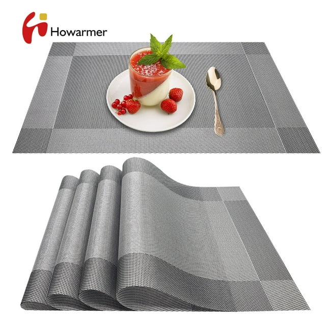 Howarmer Silver Black Rectangle Placemats for Dining Table, Washable Woven Vinyl Placemat Non-Slip Heat Resistant Kitchen PVC Table Mats Easy to Clean ( 4pcs Placemats, Silver Black )