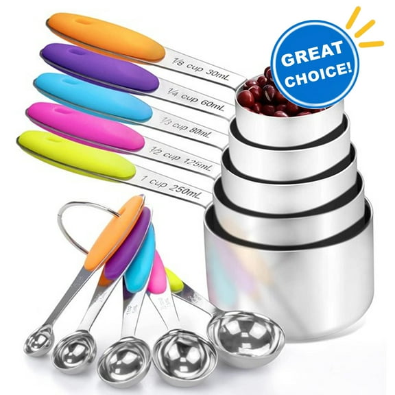 Howarmer Stainless Steel Measuring Cups and Spoons Set, 10 Piece Measuring Spoons and Cups with Soft Silicone Handles and Clearly Scale