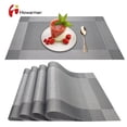 thumbnail image 1 of Howarmer Vinyl Woven Placemats for Dining Table, 12x18 Inch Rectangle Washable PVC Placemats Anti-Slip Heat Resistant Kitchen Table Mats Easy to Clean, Quick Drying - Set of 4, Silver Black, 1 of 6
