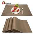 thumbnail image 1 of Howarmer Vinyl Woven Placemats for Dining Table, 12x18 Inch Rectangle Washable PVC Placemats Anti-Slip Heat Resistant Kitchen Table Mats Easy to Clean, Quick Drying - Set of 4, Brown, 1 of 6