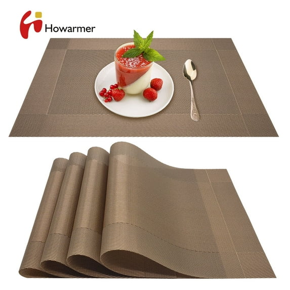 Howarmer Vinyl Woven Placemats for Dining Table, 12x18 Inch Rectangle Washable PVC Placemats Anti-Slip Heat Resistant Kitchen Table Mats Easy to Clean, Quick Drying - Set of 4, Brown