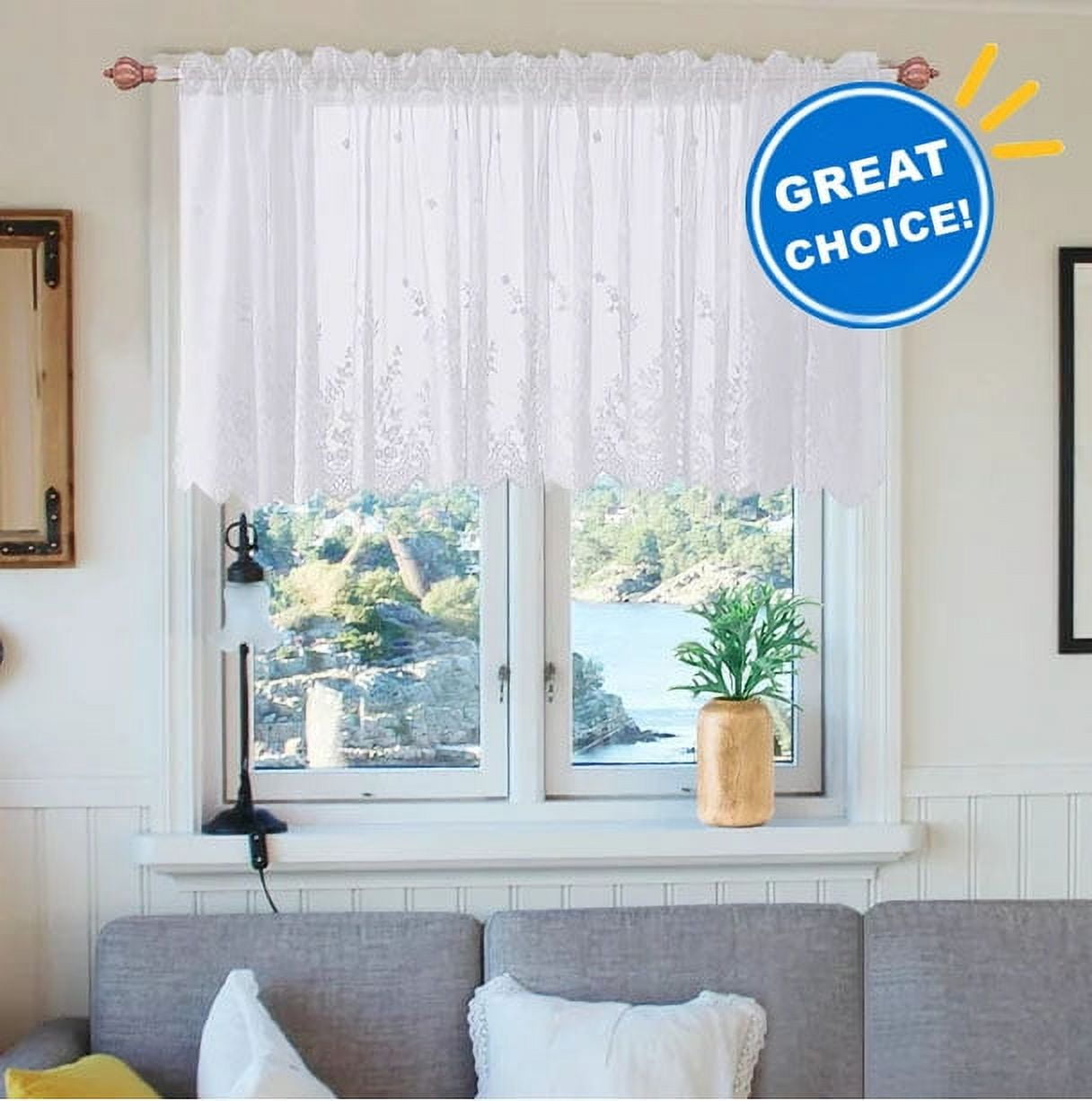 Howarmer White Sheer Valance 54 x 35 inch Embroidered Lace Valance Curtains Living Room Bedroom Rod Pocket Voile Drapes, Elegant Home Decor Window Treatments, 1 Panel