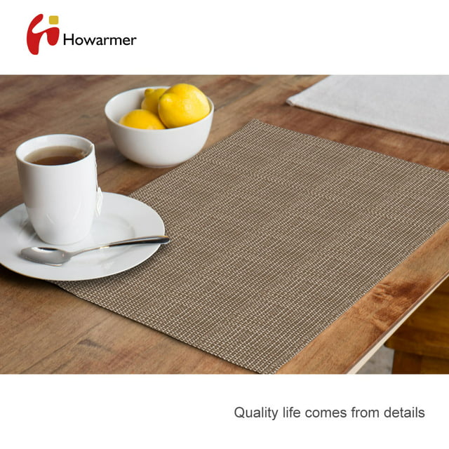 Howarmer Woven Placemats for Dining Table, Wipe Clean Vinyl Placemats Table Pad, Heat Resistant Anti-Slip Table Mats for Dining Room Kitchen Table Decor, PVC Placemats Set of 4, Brown