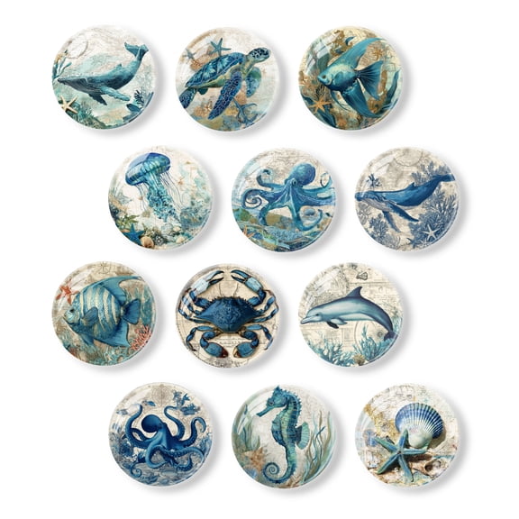 Howayme 12Pcs Fridge Magnets Round Glass Refrigerator Magnets,Mini Cute Strong Magnets Vintage Marine Animal Fridge Magnets for Whiteboard,Cabinet ,Office,Kitchen,Classrooms