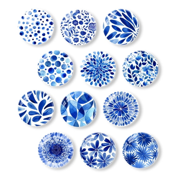 Howayme 12Pcs Glass Fridge Magnets 1.2 in Strong Crystal Refrigerator Magnets Mini Funny Magnets for Photos,Sticky Note,Home,Kitchen,Whiteboards-Blue Watercolor