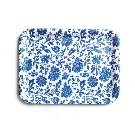 Howayme Melamine Plastic Serving Tray, 12.9"x9.6" Large Shatterproof Decorative Food Tray for Restaurant, Parties, Kitchen & Outdoor Use, Blue and White Porcelain Floral Pattern