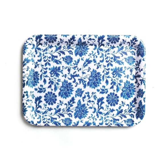 Howayme Melamine Plastic Serving Tray, 12.9"x9.6" Large Shatterproof Decorative Food Tray for Restaurant, Parties, Kitchen & Outdoor Use, Blue and White Porcelain Floral Pattern
