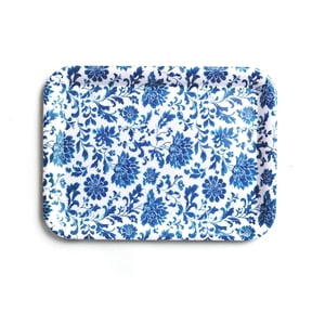 Howayme Melamine Plastic Serving Tray, 12.9"x9.6" Large Shatterproof Decorative Food Tray for Restaurant, Parties, Kitchen & Outdoor Use, Blue and White Porcelain Floral Pattern