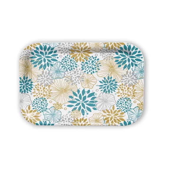 Howayme Melamine Plastic Serving Tray, 12.9"x9.6" Large Shatterproof Decorative Food Tray for Restaurant, Parties, Kitchen & Outdoor Use, Teal and Yellow Mandala Pattern