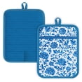 thumbnail image 1 of Howayme Ribbed Cotton Pot Holders 2-Pack Set, Blue and White Flower Printed, Heat Resistant Soft Silicone Pot Holders for Kitchen, Non-Slip Hot Pads with Hanging Loop for Housewarming Gift, 7"x9", 1 of 5