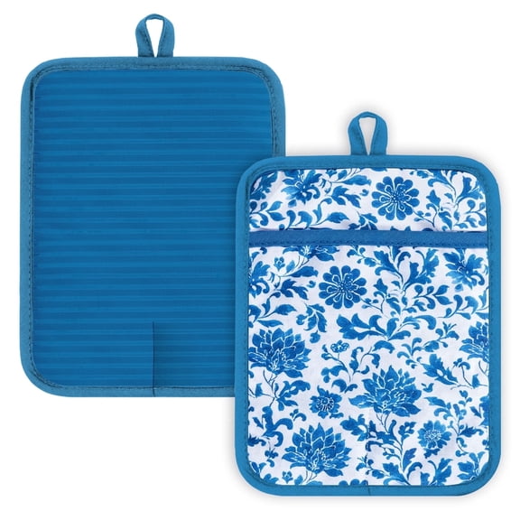 Howayme Ribbed Cotton Pot Holders 2-Pack Set, Blue and White Flower Printed, Heat Resistant Soft Silicone Pot Holders for Kitchen, Non-Slip Hot Pads with Hanging Loop for Housewarming Gift, 7"x9"