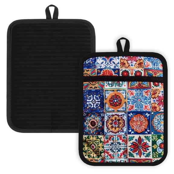 Howayme Ribbed Cotton Pot Holders 2-Pack Set, Boho Printed, Heat Resistant Soft Silicone Pot Holders for Kitchen, Non-Slip Hot Pads with Hanging Loop for Housewarming Gift, 7"x9"