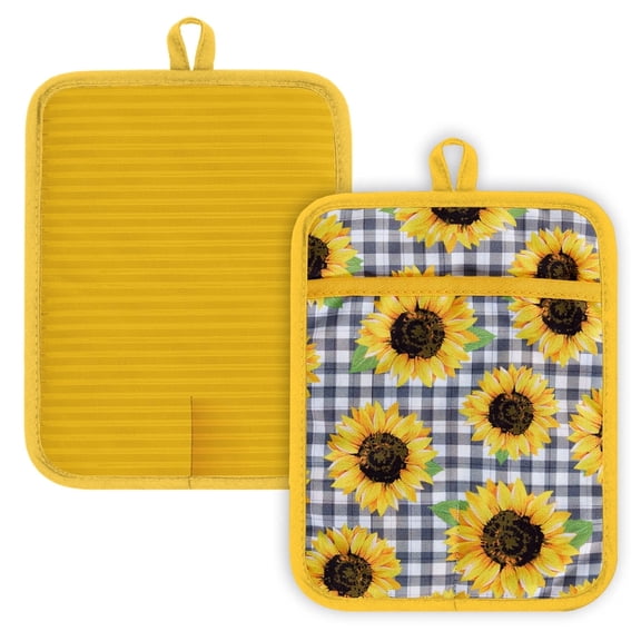 Howayme Ribbed Cotton Pot Holders 2-Pack Set, Sunflower Printed, Heat Resistant Soft Silicone Pot Holders for Kitchen, Non-Slip Hot Pads with Hanging Loop for Housewarming Gift, 7"x9"