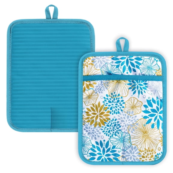 Howayme Ribbed Cotton Pot Holders 2-Pack Set, Teal Mandala Printed, Heat Resistant Soft Silicone Pot Holders for Kitchen, Non-Slip Hot Pads with Hanging Loop for Housewarming Gift, 7"x9"