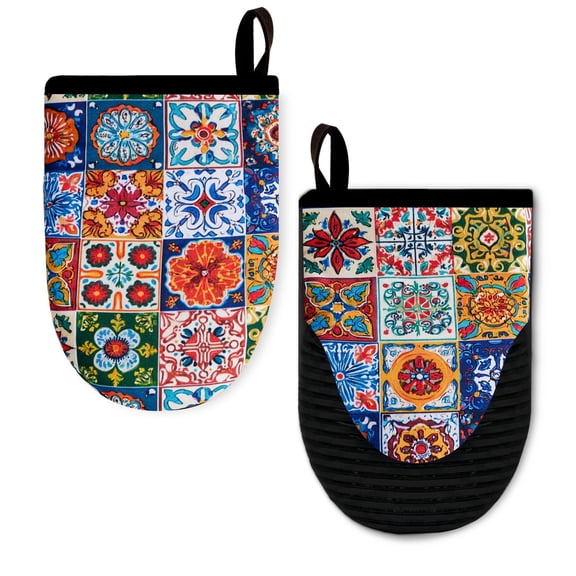 Howayme Ribbed Mini Oven Mitts 2-Pack Set, 5.5"x8.5", Boho Printed, Heavy Duty Cotton, Non-slip Heat Resistant Soft Silicone Oven Mitts with Hanging Loop for Cooking Kitchen Decor