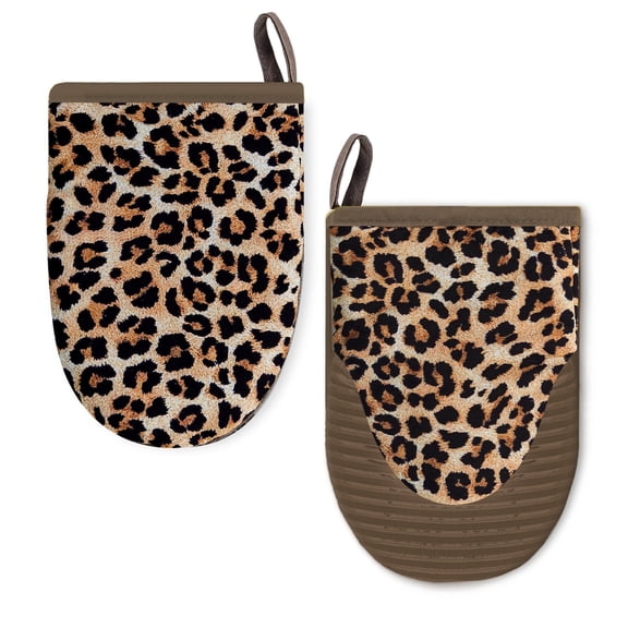 Howayme Ribbed Mini Oven Mitts 2-Pack Set, 5.5"x8.5", Leopard Printed, Heavy Duty Cotton, Non-slip Heat Resistant Soft Silicone Oven Mitts with Hanging Loop for Cooking Kitchen Decor