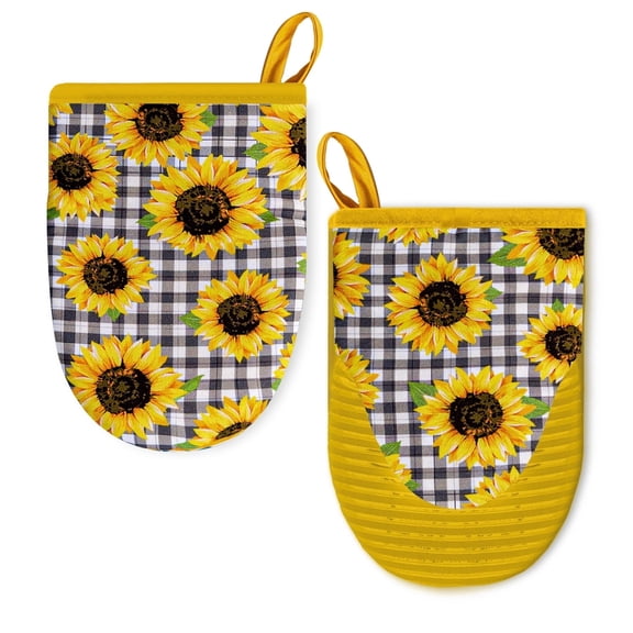 Howayme Ribbed Mini Oven Mitts 2-Pack Set, 5.5"x8.5", Sunflower Printed, Heavy Duty Cotton, Non-slip Heat Resistant Soft Silicone Oven Mitts with Hanging Loop for Cooking Kitchen Decor