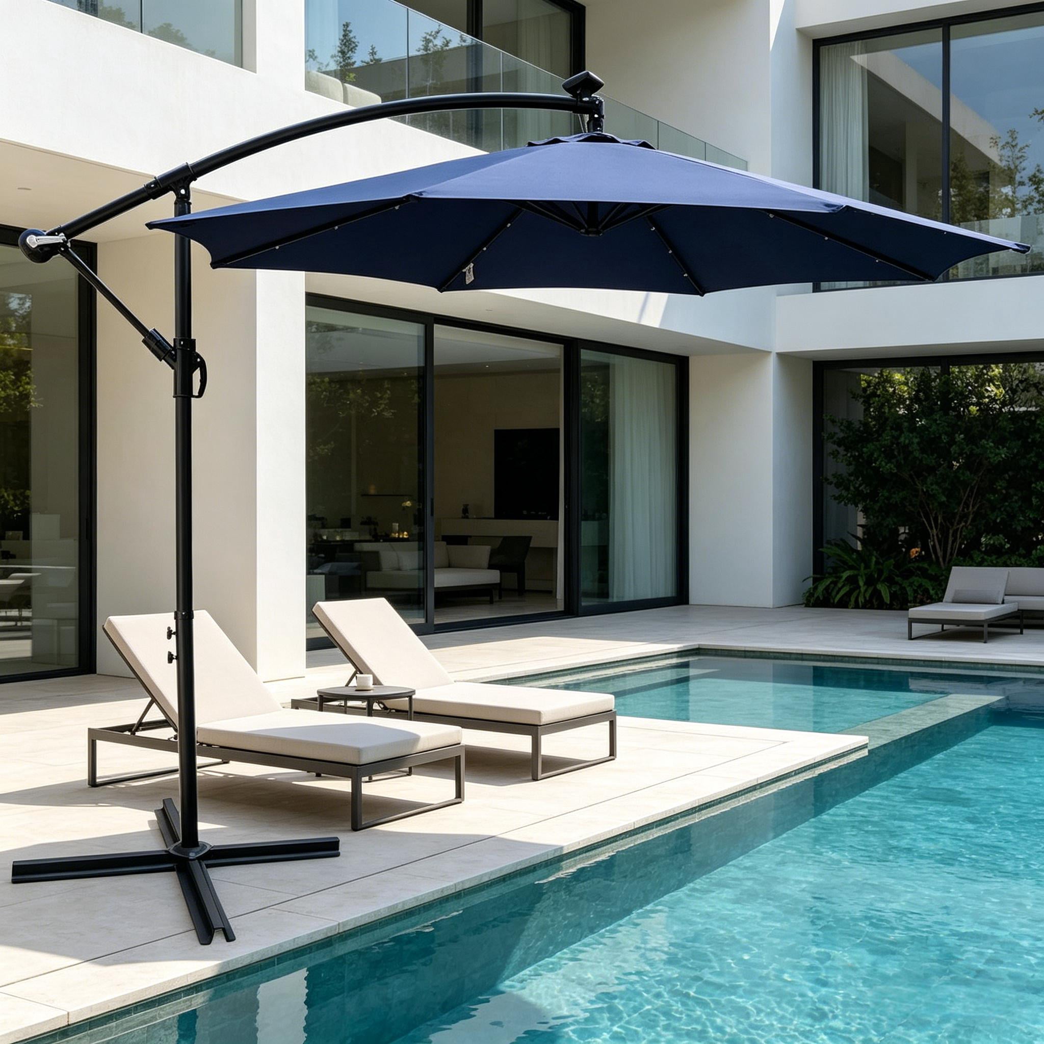 Howcool 10 ft Outdoor Patio Umbrella Solar Powered LED Lighted Sun Shade Market Waterproof 8 Ribs Umbrella with Crank and Cross Base for Garden Deck Backyard Pool Shade Outside Deck Swimming Pool