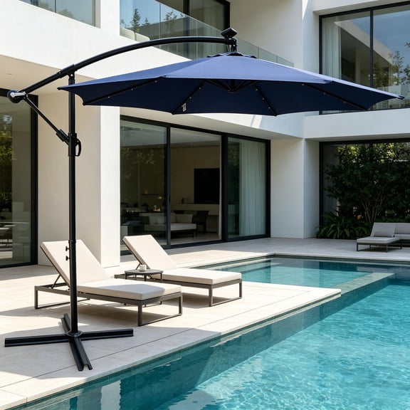 Howcool 10 ft Outdoor Patio Umbrella Solar Powered LED Lighted Sun Shade Market Waterproof 8 Ribs Umbrella with Crank and Cross Base for Garden Deck Backyard Pool Shade Outside Deck Swimming Pool