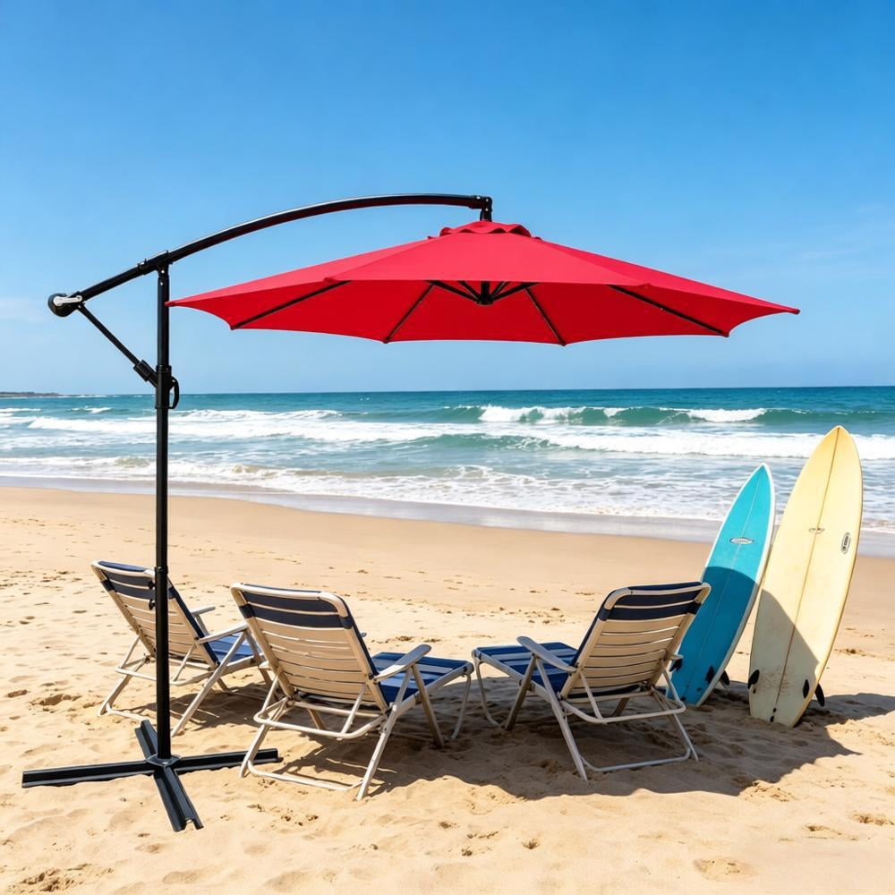 Howcool 10 ft Outdoor Patio Umbrella Solar Powered LED Lighted Sun Shade Market Waterproof 8 Ribs Umbrella with Crank and Cross Base for Garden Deck Backyard Pool Shade Outside Deck Swimming Pool