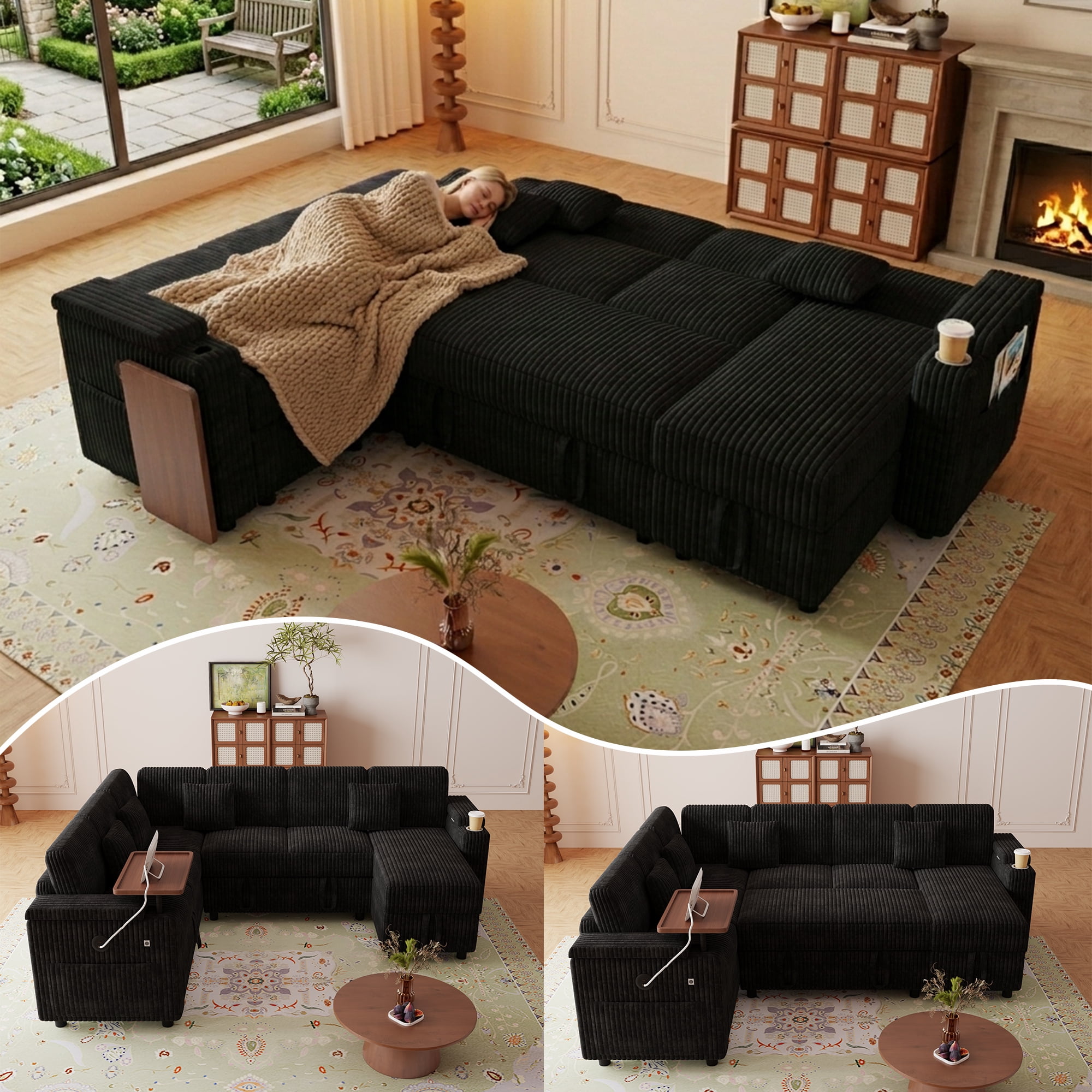 Howcool 100" Oversized Sleeper Sectional Sofa with Pull-Out Bed,U-Shape Corduroy Modular Sofa Couch with USB Ports & Storage,Black