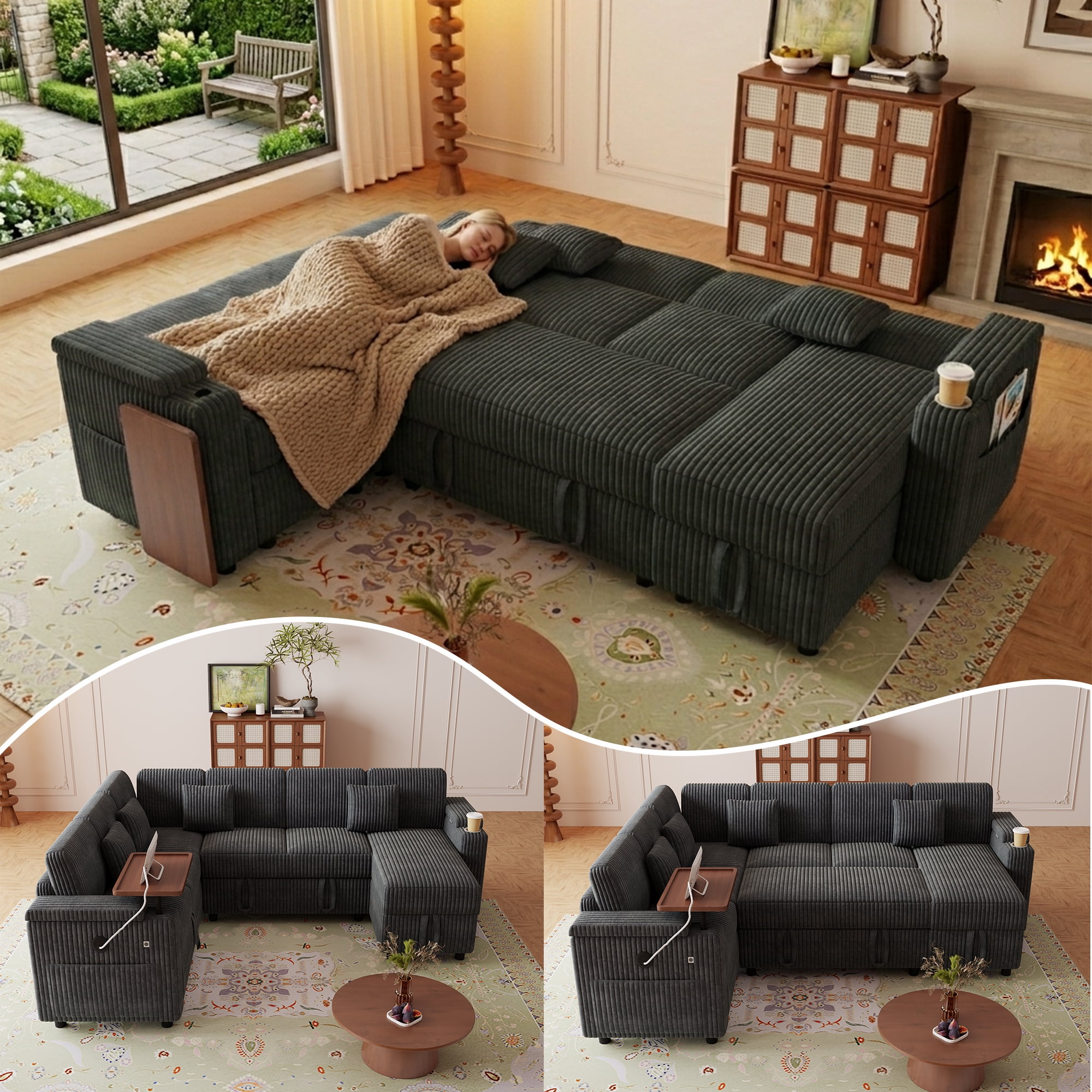 Howcool 100" Oversized Sleeper Sectional Sofa with Pull-Out Bed,U-Shape Corduroy Modular Sofa Couch with USB Ports & Storage,Dark Gray