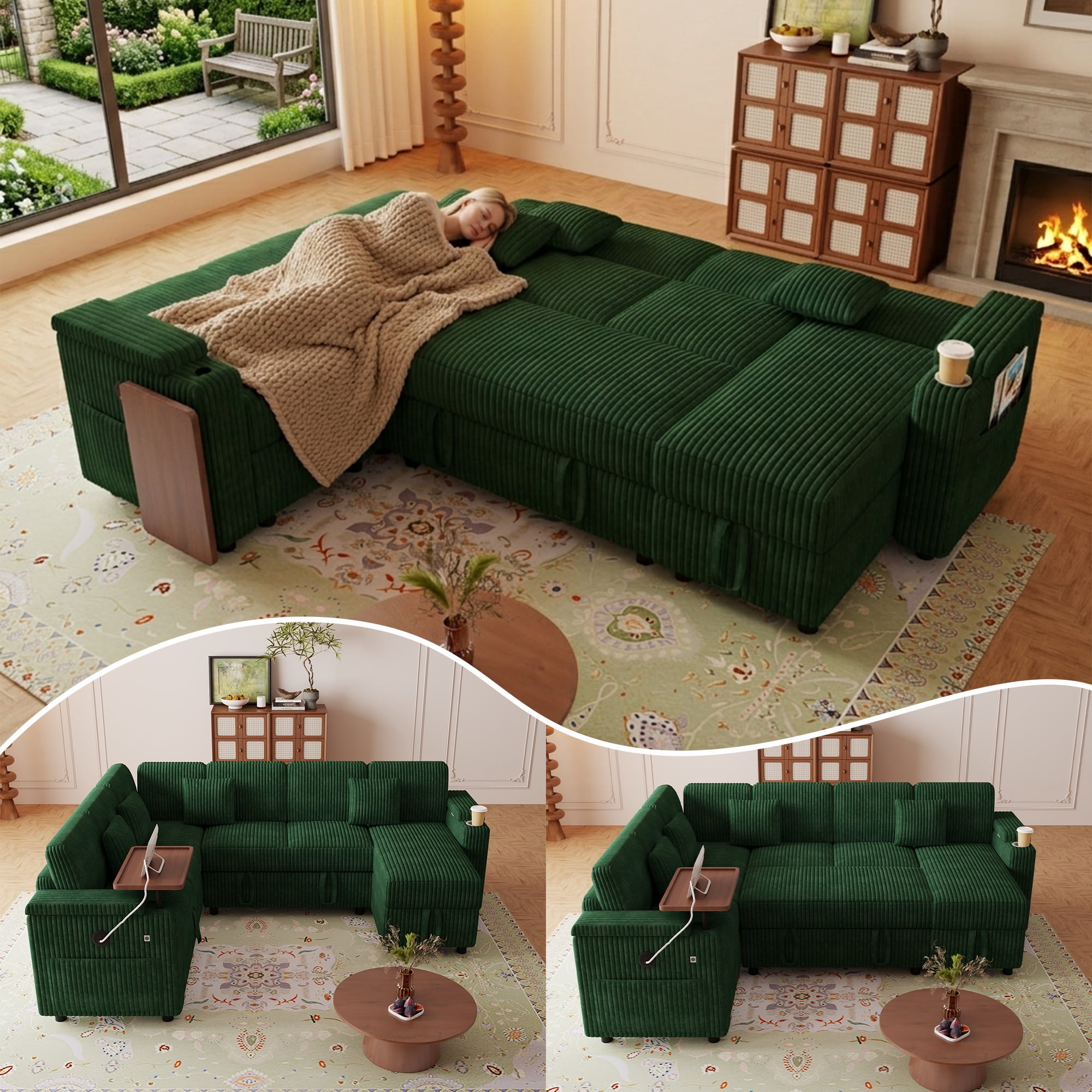 Howcool 100" Oversized Sleeper Sectional Sofa with Pull-Out Bed,U-Shape Corduroy Modular Sofa Couch with USB Ports & Storage,Green