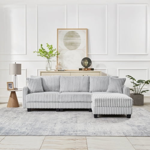 Howcool 100-inch corduroy fabric sofa with L-shaped modular 3-seat convertible sofa, built-in dual charging ports at the arms, and armrests can be freely placed anywhere,Gray