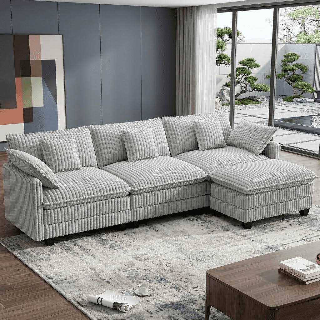 Howcool Cloud Couch Modular Sectional Sofa 3 Seat 100" L Shaped Convertible Couch Corduroy Thick Cushion with Ottoman, Removable & Washable Cover for Living Room，Grey