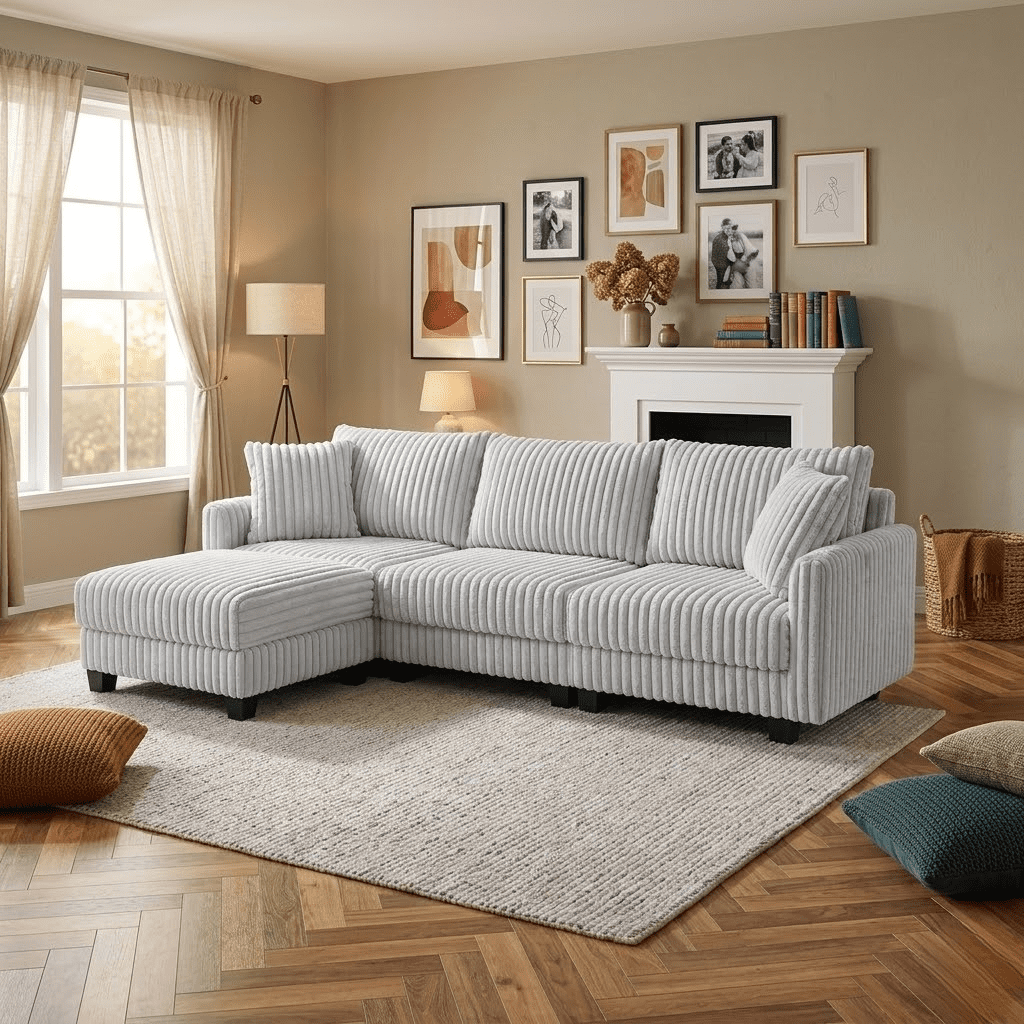 Howcool 100" Modular Cloud Couch, L-Shaped Sectional Sofa with Ottoman, Deep Seat corduroy Fabric 4-Seat Convertible Couch for Living Room, Easy Assembly，Grey(Thick Sponge)